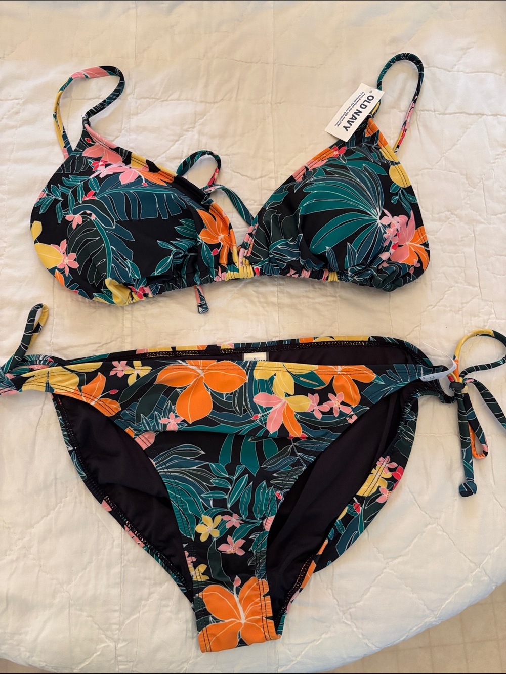 Old Navy Black Floral Bikini with Orange, Teal & Yellow Accents